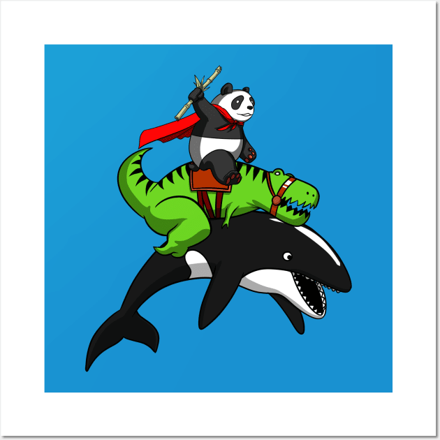 T-Rex Dinosaur Panda Riding Orca Whale Wall Art by underheaven